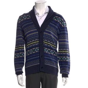 PAUL SMITH Men's Blue Fair-isle Wool/Cashmere Blend Shawl Collar Cardigan S
